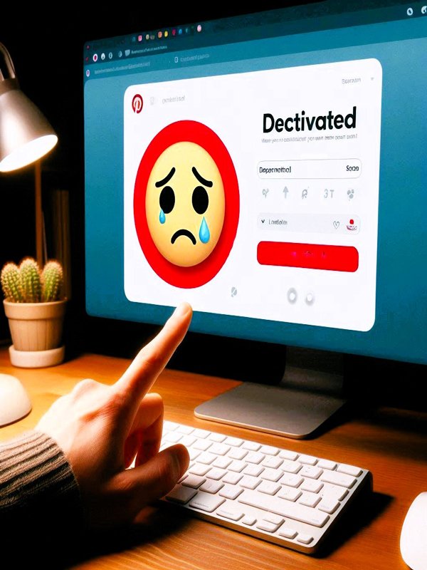 Screen displaying a crying emoji and a deactivated Pinterest account, with a girl’s hands on a keyboard and a desk illuminated by a glowing light.