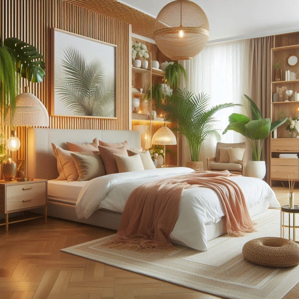 Beautifully designed bedroom featuring a cosy bed with an upholstered headboard, stylish cushions, oak wall cladding, and a woven rug.