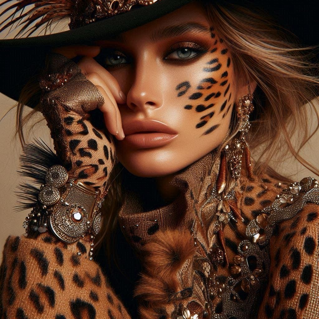 A girl confidently rocking a leopard print outfit, complemented by stylish knit mesh gloves and a touch of leopard print face painting. The overall look exudes warmth and creativity.